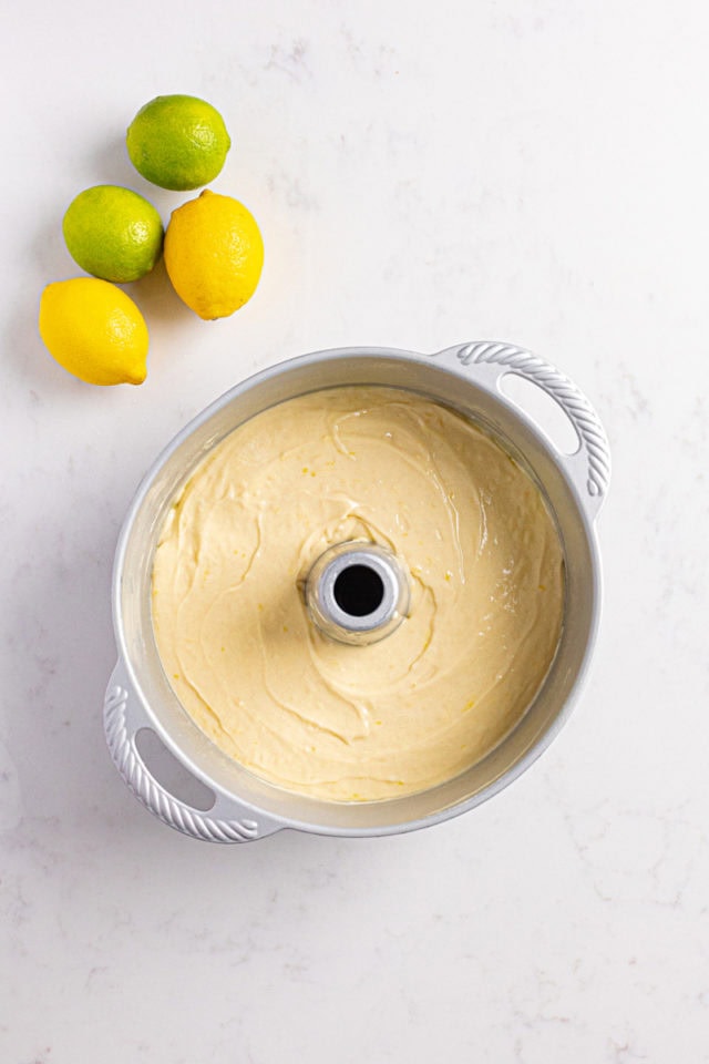 overhead view of 7UP cake batter in a tube pan