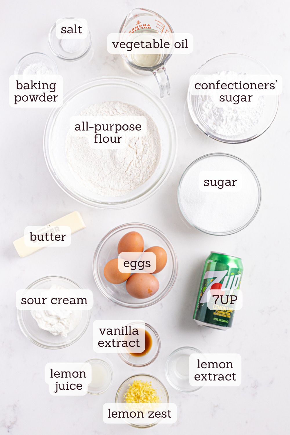 overhead view of ingredients for 7UP cake