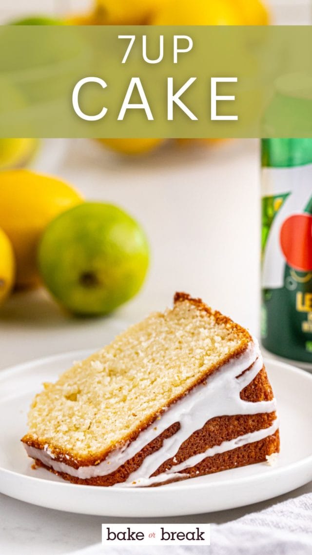 a slice of 7UP cake on a white plate with lemons, limes, and cans of 7UP in the background; text overlay "7UP cake"