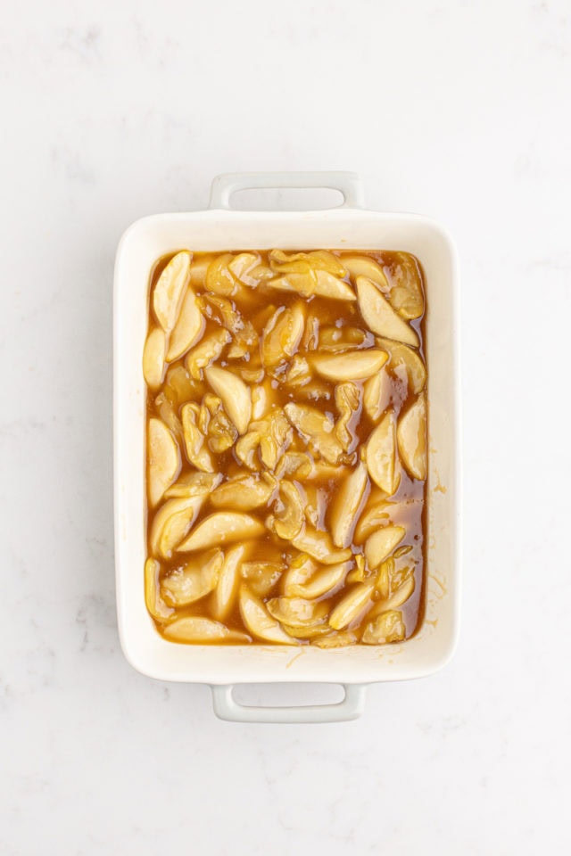 overhead view of cooked apple and pear mixture in a rectangular baking dish