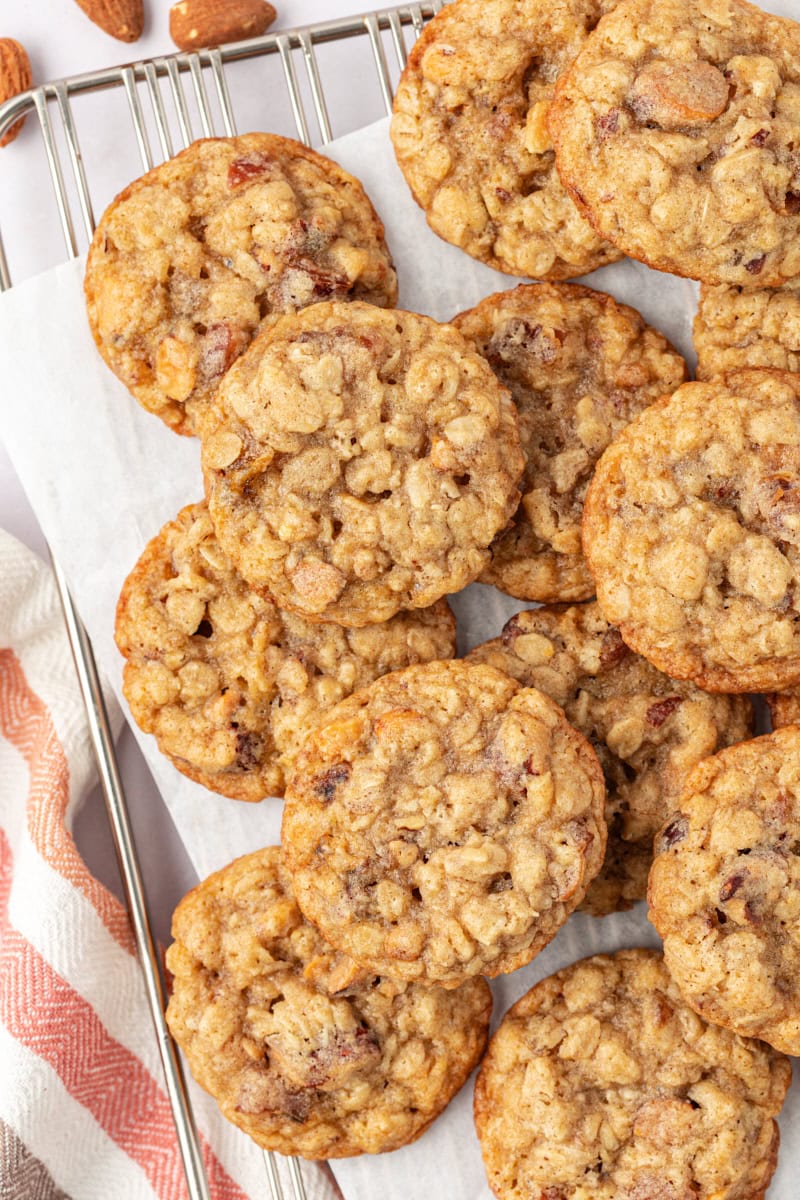 overhead view of oatmeal date cookies on parchment paper