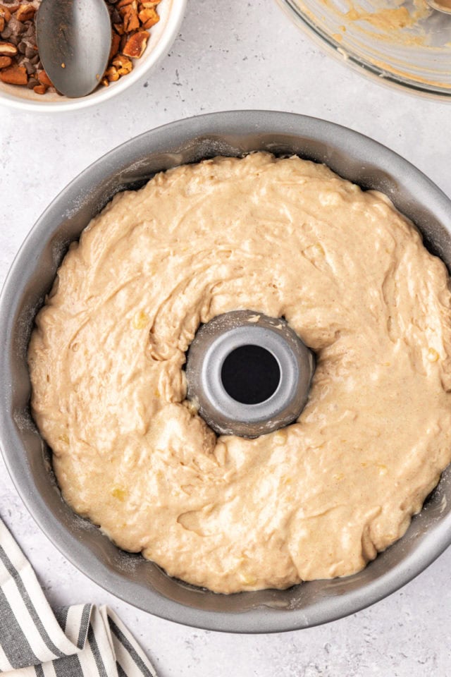 overhead view of banana coffee cake batter in a Bundt pan