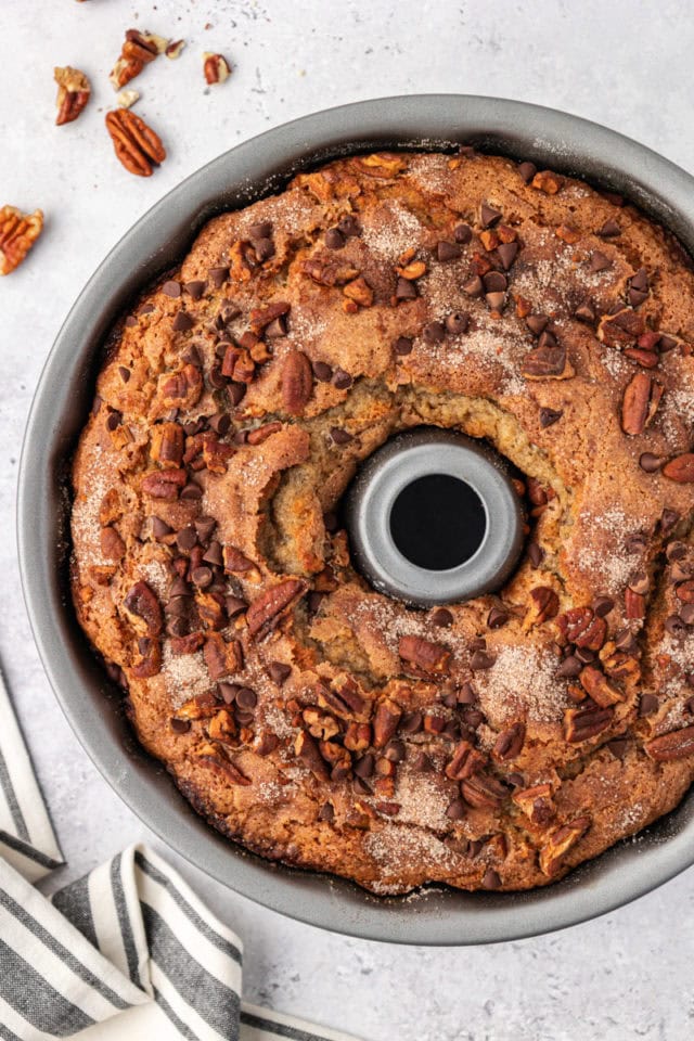 overhead view of freshly baked banana coffee cake