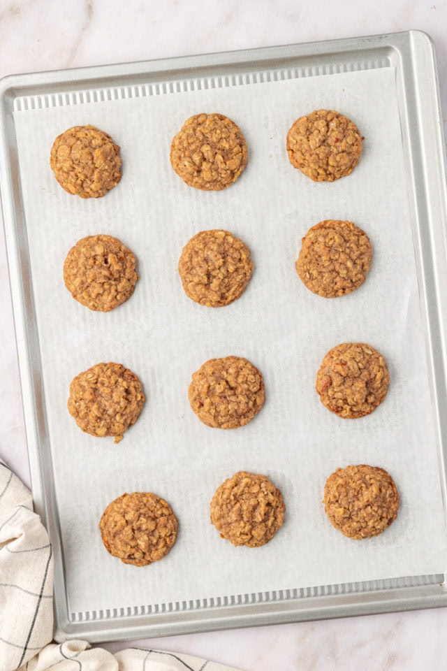 overhead view of freshly baked toffee almond oatmeal cookies on a baking sheet