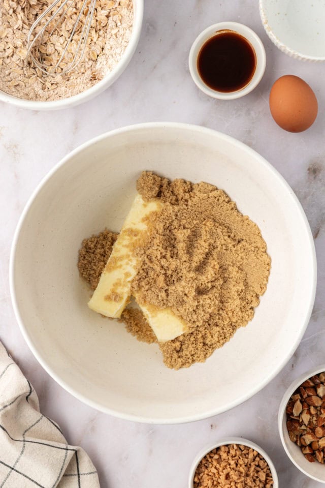 overhead view of butter and brown sugar in a mixing bowl