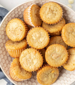 overhead view of white chocolate blondies on a white plate