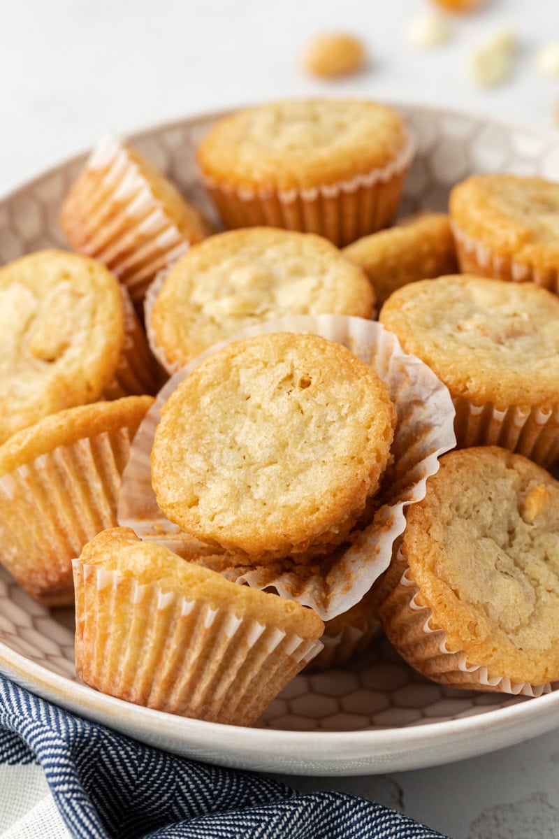 several white chocolate blondies on a white plate