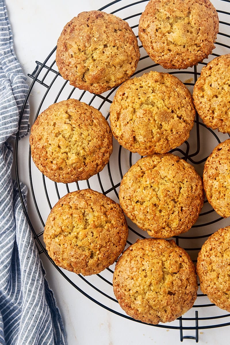 overhead view of banana muffins cooling on a wire rack