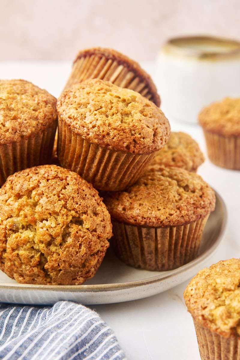 banana muffins piled on a plate