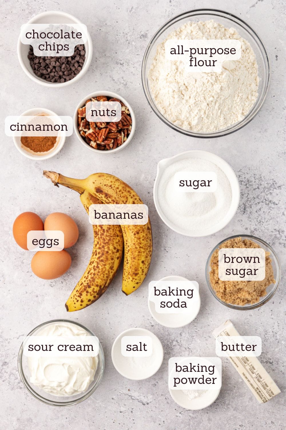 overhead view of ingredients for banana coffee cake