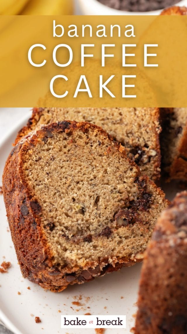 sliced banana coffee cake on a white plate; text overlay "banana coffee cake"