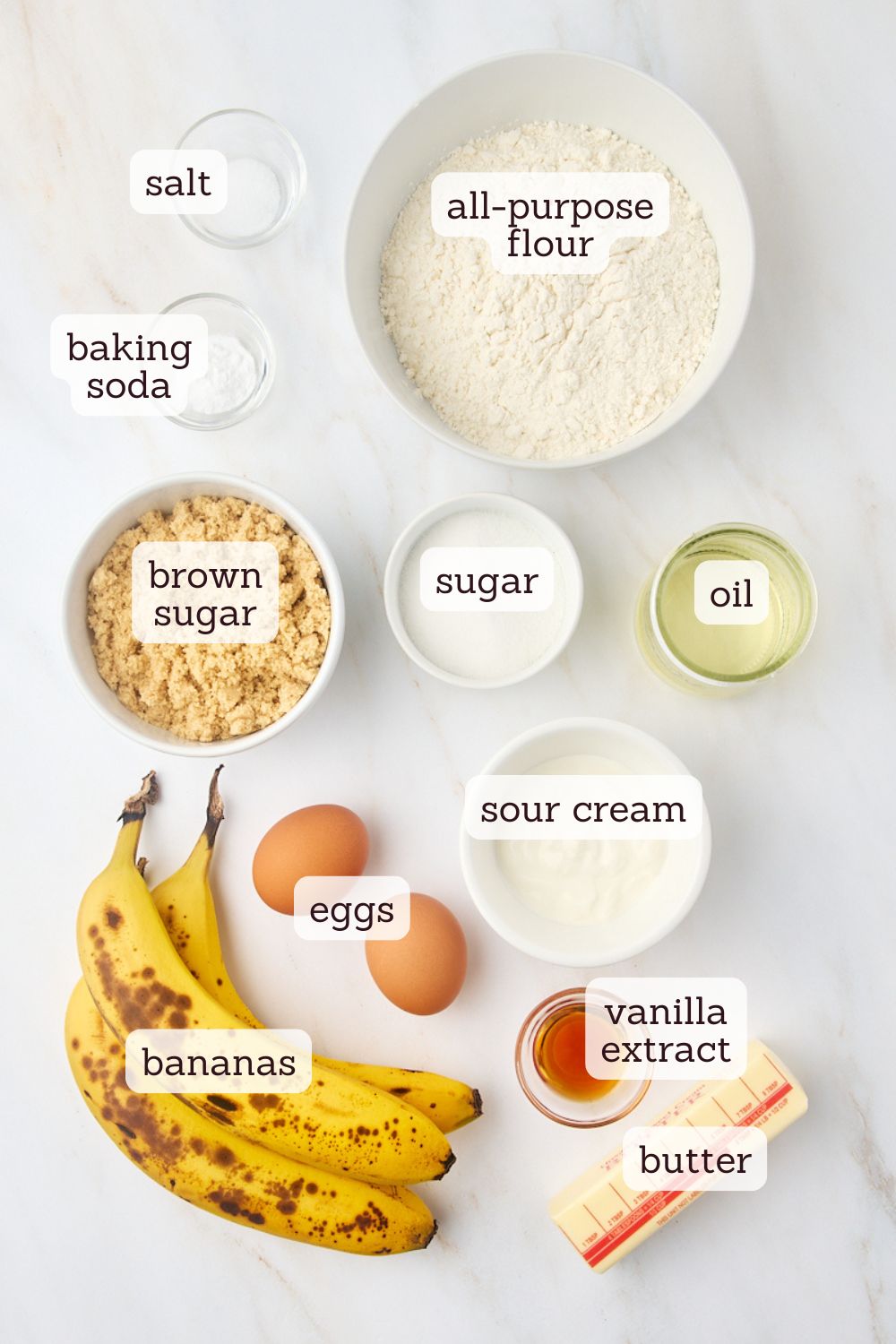 overhead view of ingredients for banana bread muffins