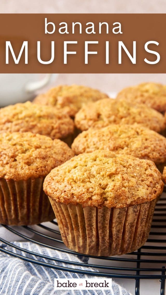 banana muffins on a wire rack; text overlay "banana muffins"