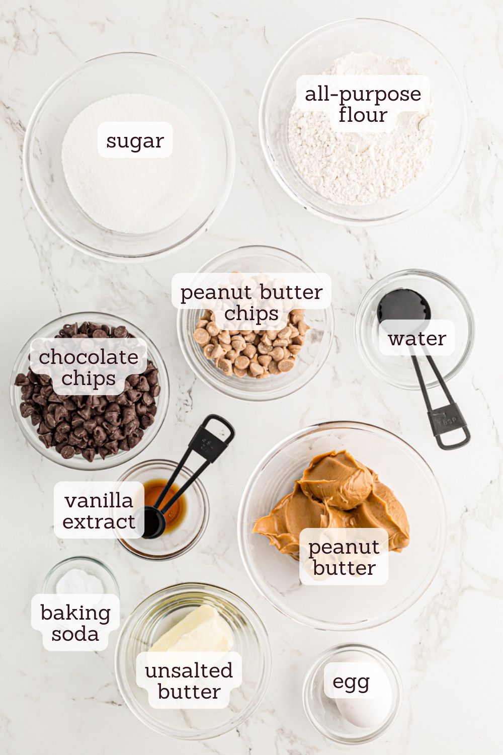 overhead view of ingredients for brownie peanut butter cups