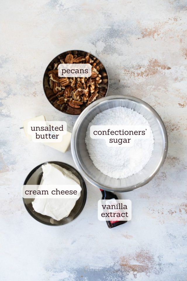 overhead view of ingredients for butter pecan cake frosting