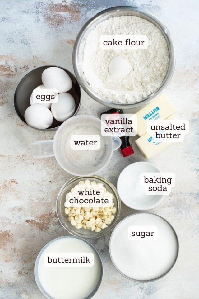 overhead view of ingredients for butter pecan cake