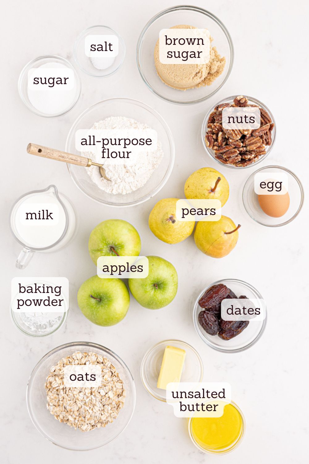 overhead view of ingredients for caramel apple pear cobbler