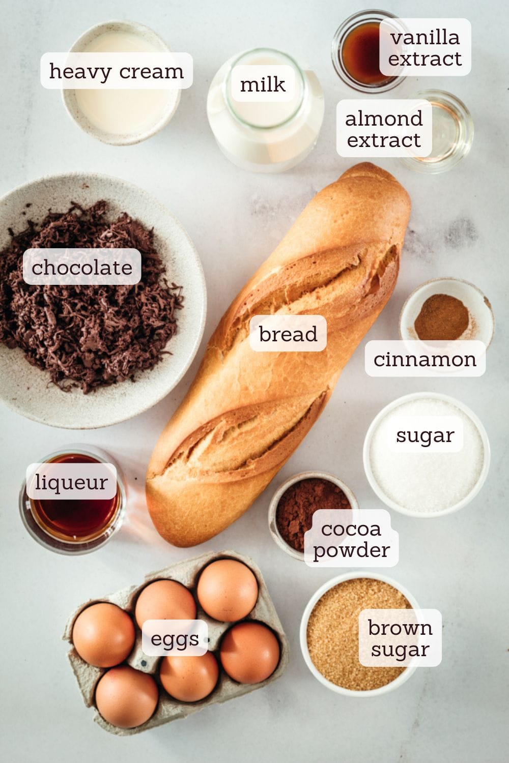 overhead view of ingredients for chocolate bread pudding