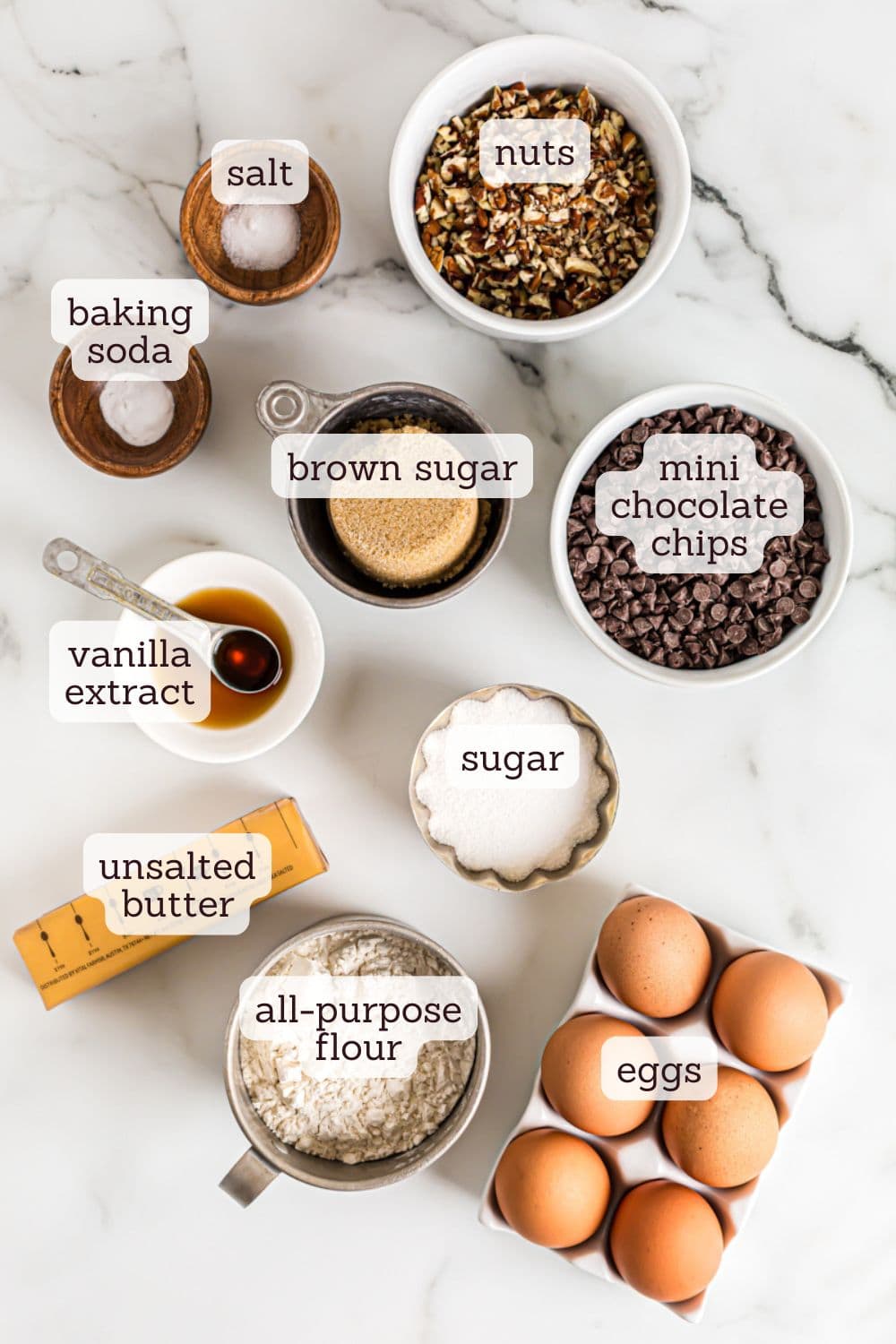 overhead view of ingredients for chocolate chip cupcakes