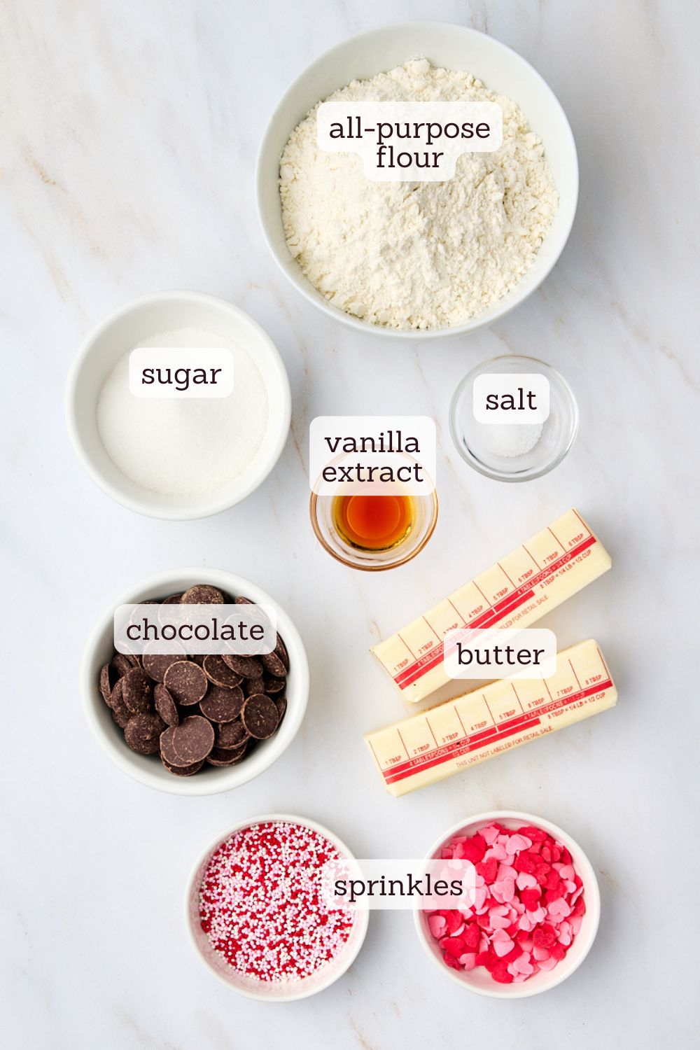 overhead view of ingredients for chocolate-dipped shortbread cookies