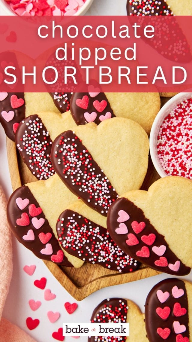 overhead view of chocolate-dipped shortbread cookies on a white plate; text overlay "chocolate-dipped shortbread"