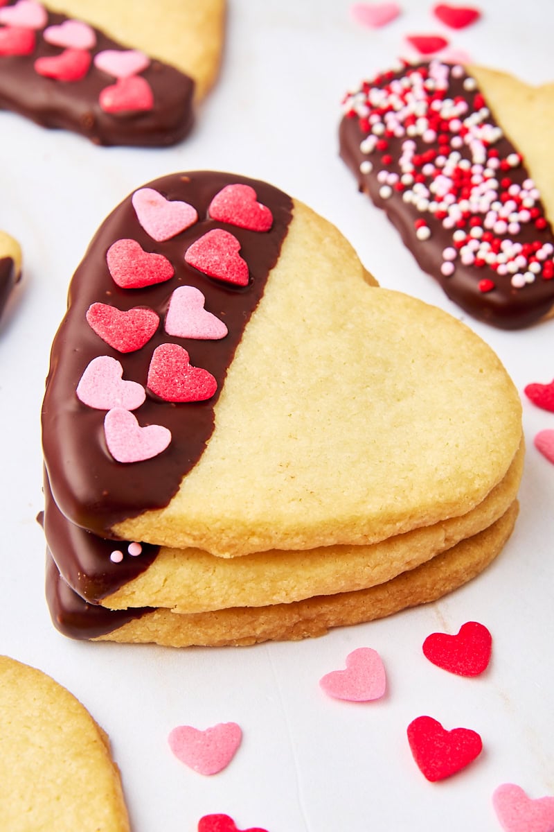 stack of three chocolate-dipped shortbread cookies