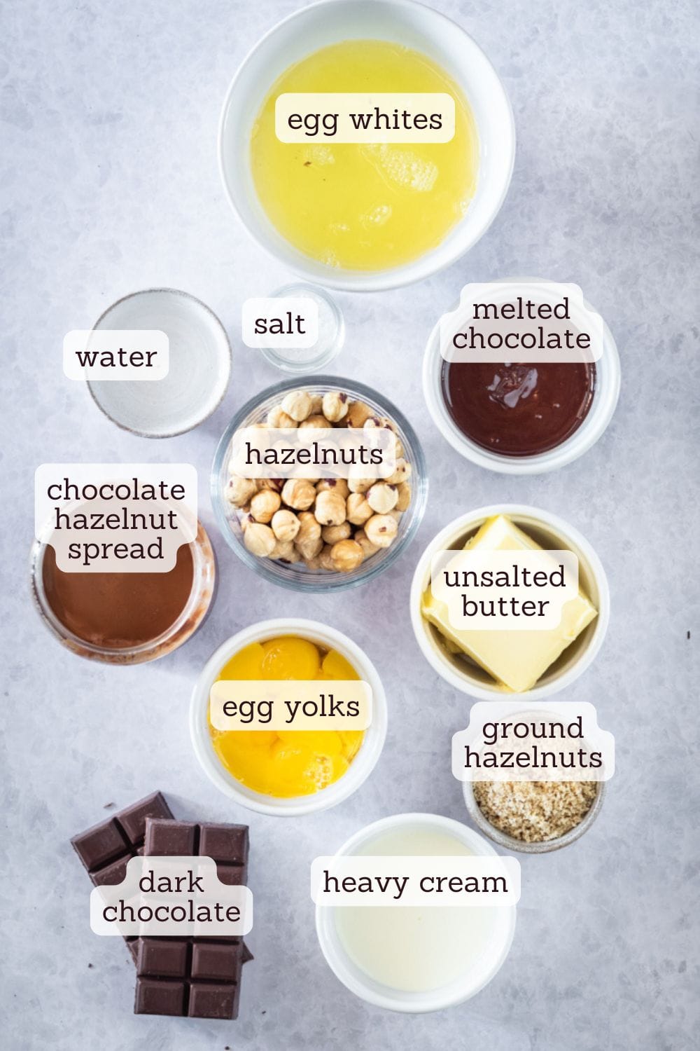 overhead view of ingredients for chocolate hazelnut cake