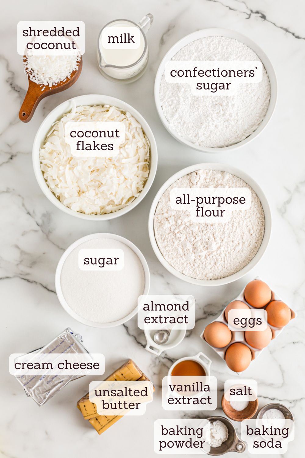 overhead view of ingredients for coconut cake