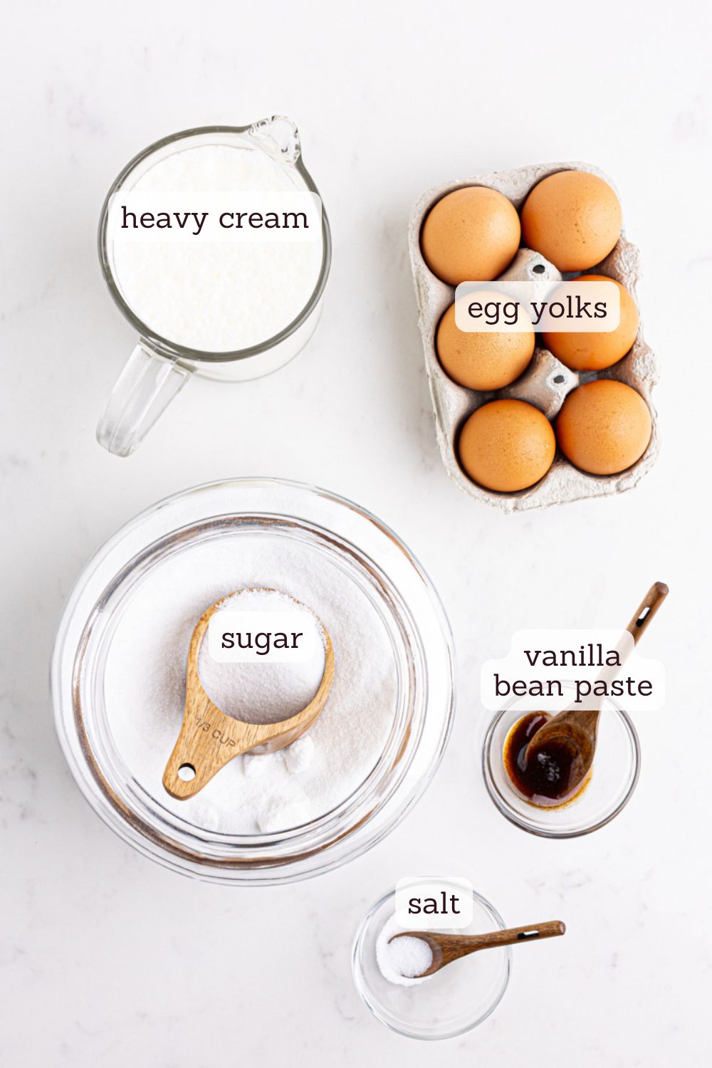 overhead view of ingredients for crème brûlée