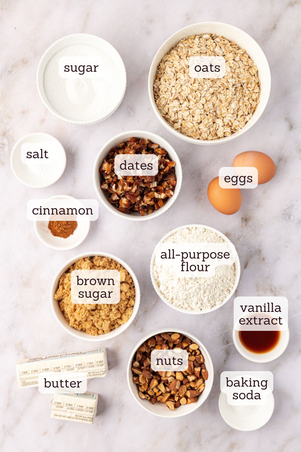 overhead view of ingredients for oatmeal date cookies