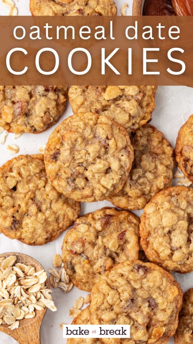 overhead view of several oatmeal date cookies on parchment paper; text overlay "oatmeal date cookies"