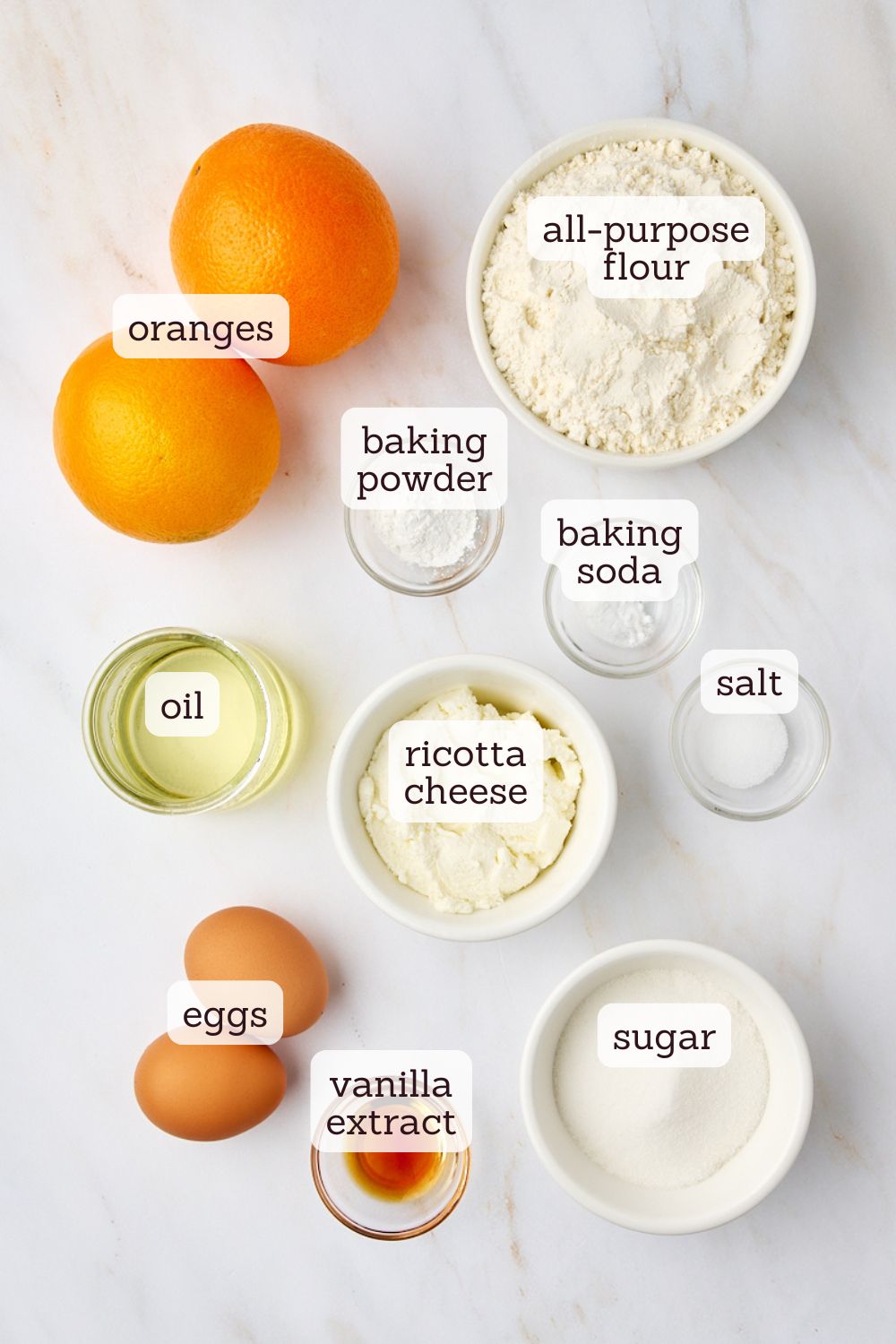 overhead view of ingredients for orange ricotta muffins