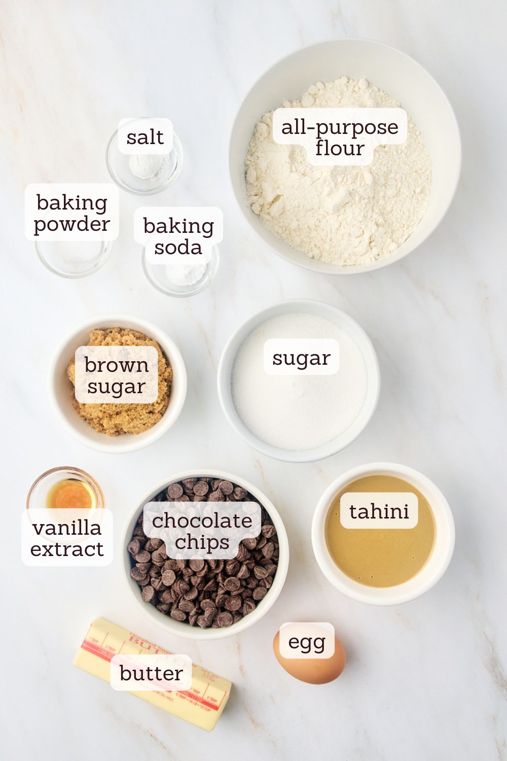 overhead view of ingredients for tahini chocolate chip cookies