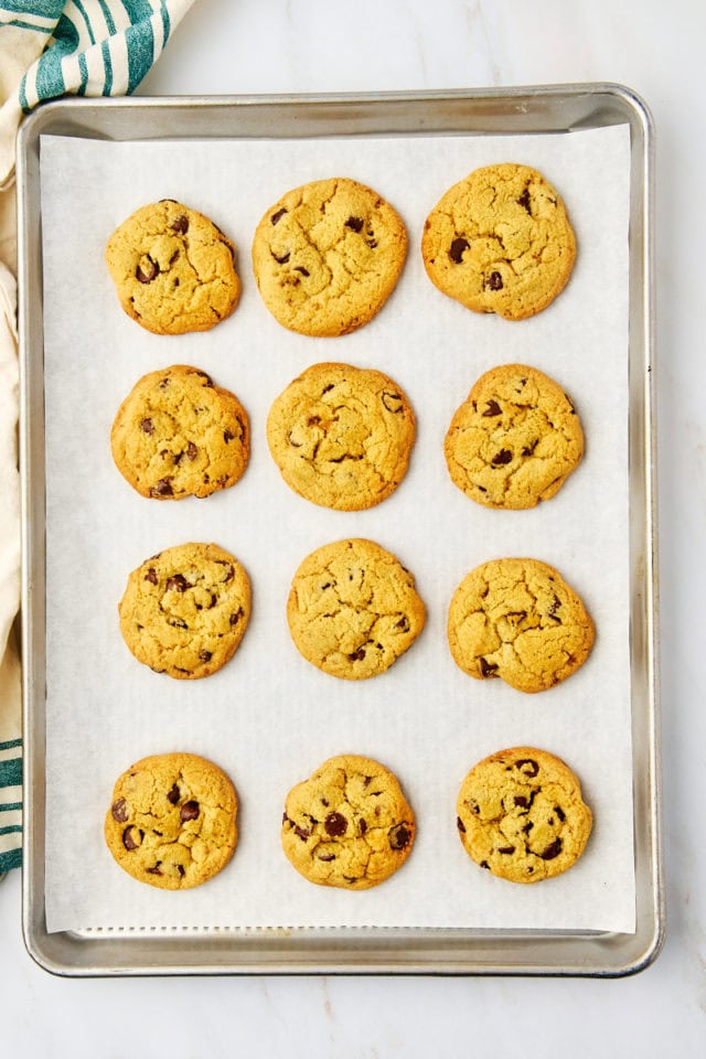 overhead view of freshly baked tahini chocolate chip cookies on a baking sheet