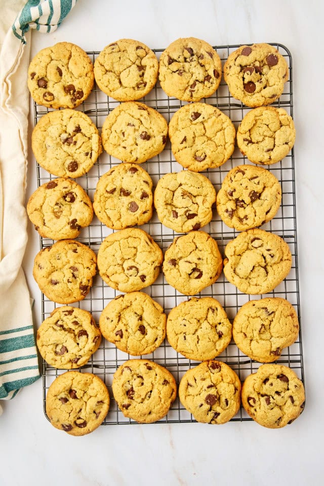 overhead view of tahini chocolate chip cookies cooling on a wire rack