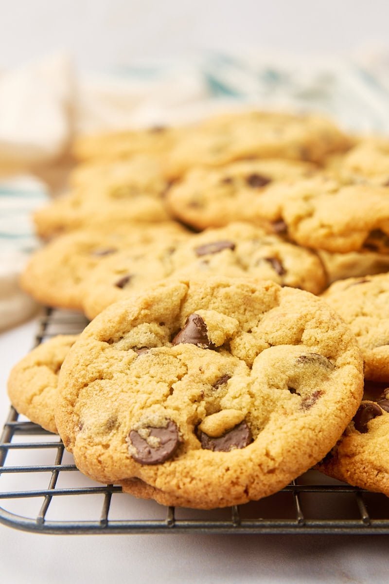 tahini chocolate chip cookies on a wire rack