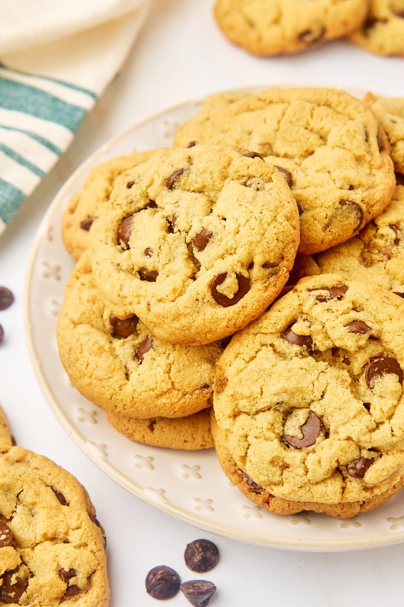 tahini chocolate chip cookies on a white plate