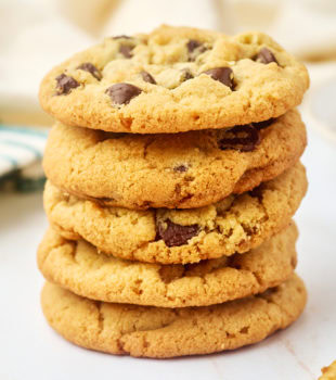 stack of five tahini chocolate chip cookies