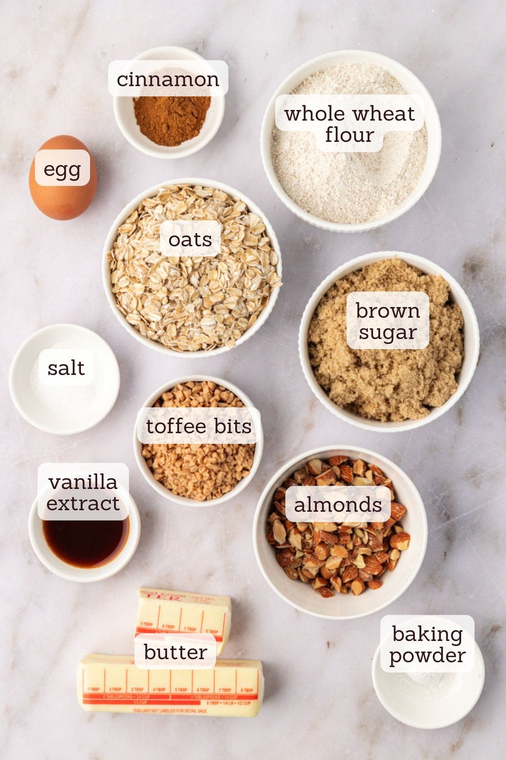 overhead view of ingredients for toffee almond oatmeal cookies