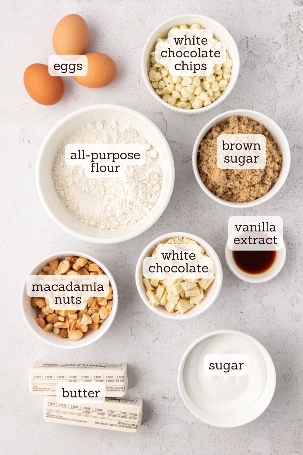 overhead view of ingredients for white chocolate blondies