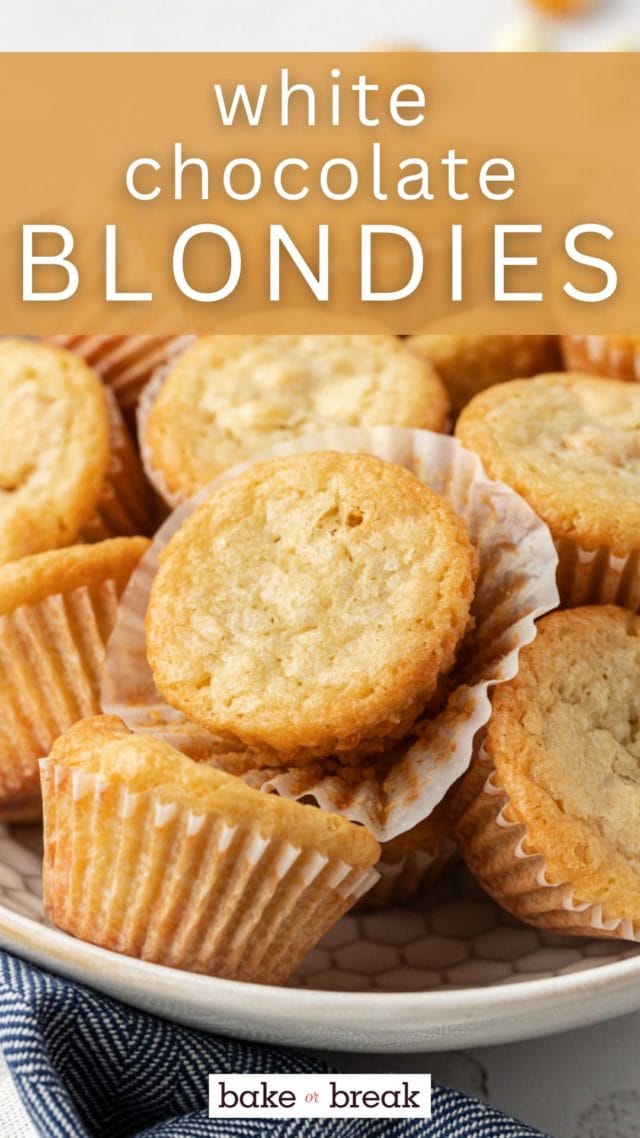 white chocolate blondies on a white plate; text overlay "white chocolate blondies"