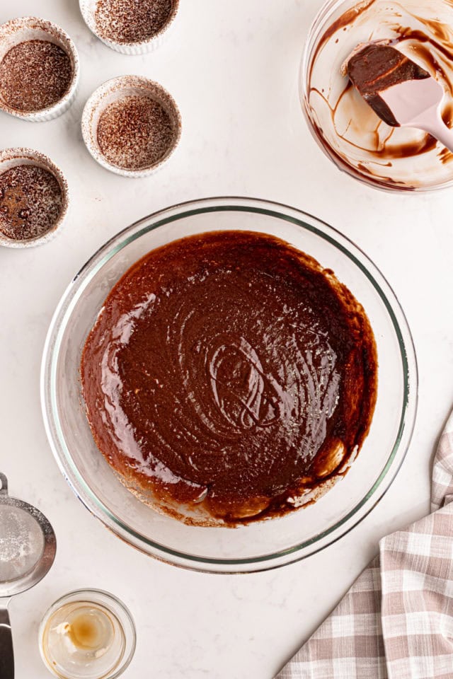 overhead view of mixed batter for chocolate lava cake