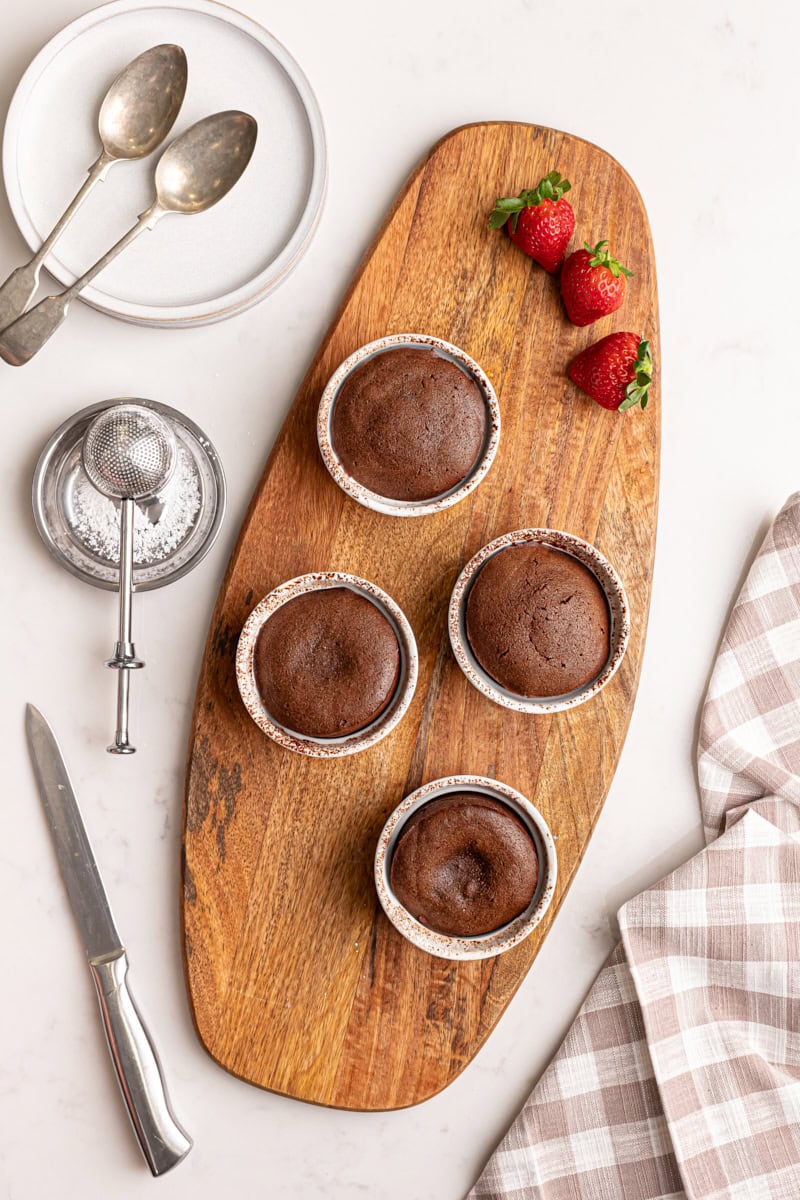 overhead view of four freshly baked chocolate lava cake