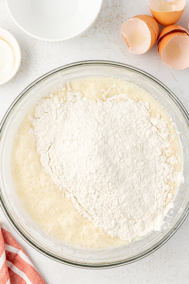 overhead view of dry ingredients added to wet ingredients for marbled cookie butter cake batter