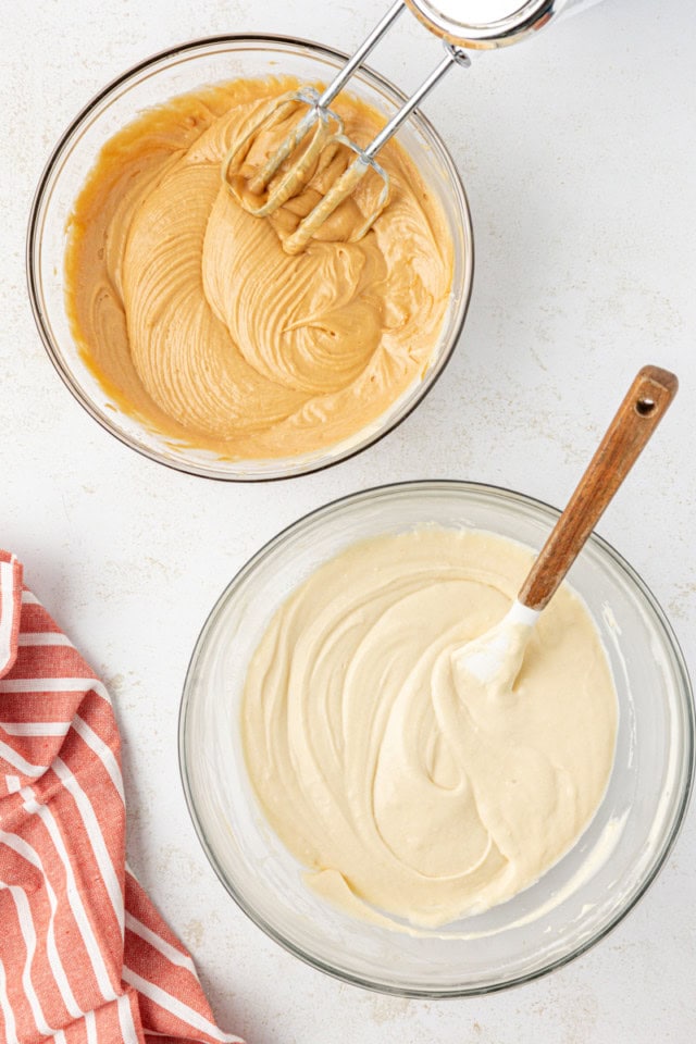 overhead view of two batters for making marbled cookie butter cake