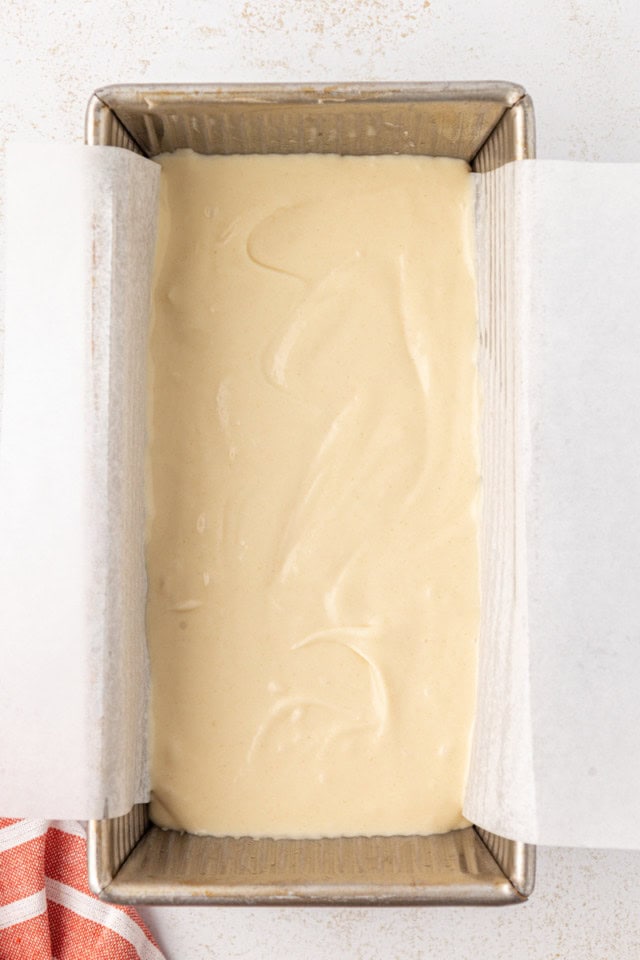 overhead view of vanilla batter in a loaf pan