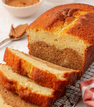 partially sliced marbled cookie butter cake