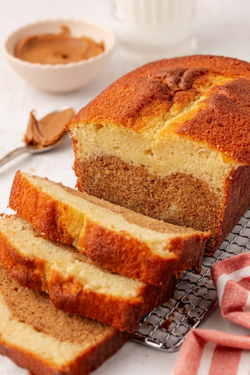 partially sliced marbled cookie butter cake