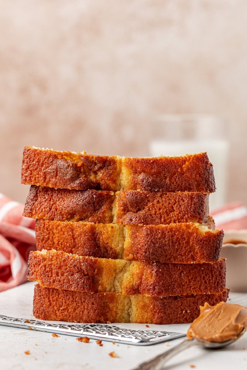 stack of five slices of marbled cookie butter cake