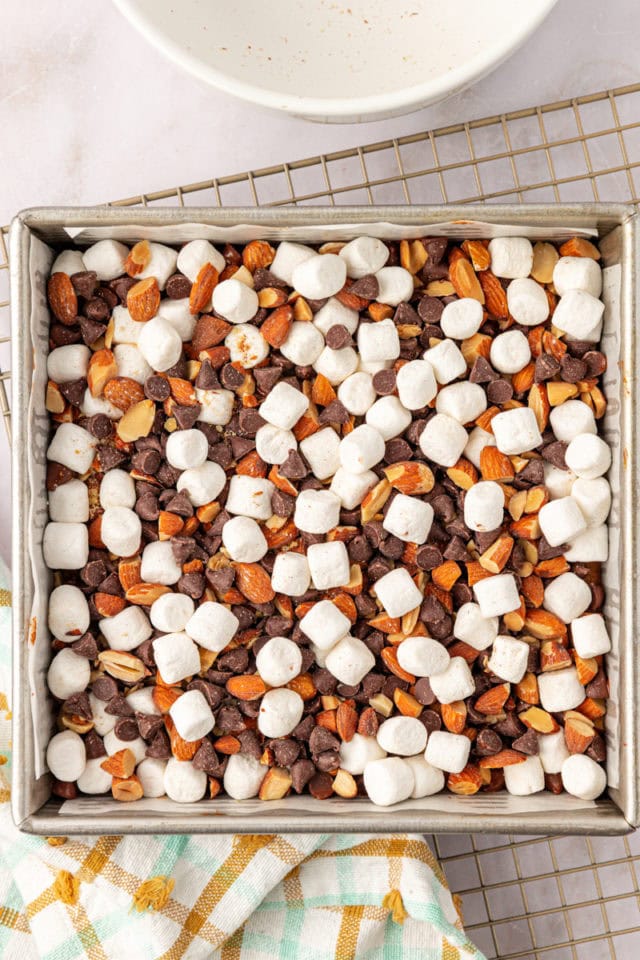 overhead view of peanut butter rocky road bars ready to go into the oven